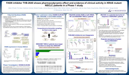 FASN inhibitor TVB-2640 shows pharmacodynamic effect and evidence of clinical activity in KRAS mutant NSCLC patients in a Phase 1 study Marie O’Farrell, Tim Heuer, Katharine Grimmer, Richard Crowley, Joanna Waszczuk, M