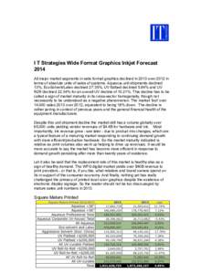 I T Strategies Wide Format Graphics Inkjet Forecast 2014 All major market segments in wide format graphics declined in 2013 over 2012 in terms of absolute units of sales of systems. Aqueous unit shipments declined 13%, E