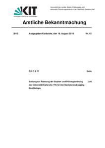 Universität des Landes Baden-Württemberg und nationales Forschungszentrum in der Helmholtz-Gemeinschaft Karlsruher Institut für Technologie  Amtliche Bekanntmachung