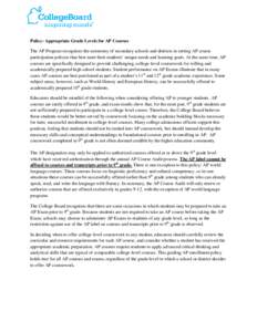 Policy: Appropriate Grade Levels for AP Courses The AP Program recognizes the autonomy of secondary schools and districts in setting AP course participation policies that best meet their students’ unique needs and lear