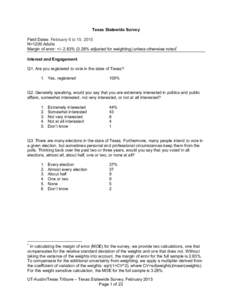 Texas Statewide Survey Field Dates: February 6 to 15, 2015 N=1200 Adults Margin of error: +/- 2.83% (3.28% adjusted for weighting) unless otherwise noted* Interest and Engagement Q1. Are you registered to vote in the sta