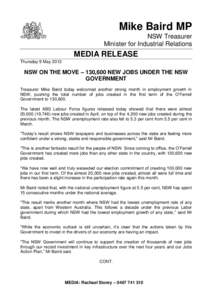 Mike Baird MP NSW Treasurer Minister for Industrial Relations MEDIA RELEASE Thursday 9 May 2013