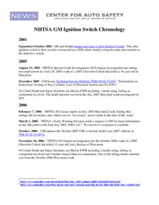 NHTSA GM Ignition Switch Chronology 2001 September-October 2001: GM and Delphi design and reject a safer Ignition Switch. The safer ignition switch is then secretly resurrected in a 2006 silent remedy using the same part