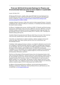 Association of Pacific Rim Universities / Quacquarelli Symonds / QS World University Rankings / Association of Commonwealth Universities / College and university rankings / Australian National University / ETH Zurich / University of Birmingham / University of Tokyo / Education / Academia / Higher education