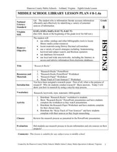 Hanover County Public Schools – Ashland, Virginia – Eighth Grade Lesson  MIDDLE SCHOOL LIBRARY LESSON PLAN # 8-1.4a 1.4 The student who is information literate accesses information efficiently and effectively by iden