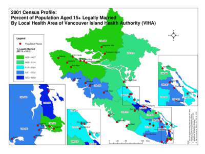 2001 Census Profile: Percent of Population Aged 15+ Legally Married By Local Health Area of Vancouver Island Health Authority (VIHA) Legend LHA-085