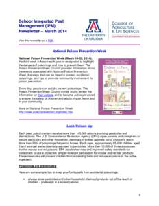 School Integrated Pest Management (IPM) Newsletter – March 2014 View this newsletter as a PDF.  National Poison Prevention Week