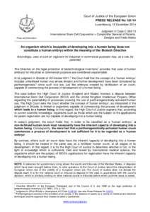 Court of Justice of the European Union PRESS RELEASE No[removed]Luxembourg, 18 December 2014 Press and Information
