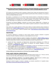 Próxima Sesión Pública del Subcomité de Comercio y Desarrollo Sostenible en el marco del Acuerdo Comercial entre el Perú y Colombia, por una parte, y la UE y sus Estados Miembros, por otra El día jueves 8 de diciem