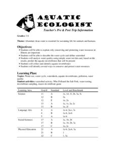 Aquatic Ecologist Teacher’s Pre & Post Trip Information Grades: 3-8 Theme: Abundant clean water is essential for sustaining life for animals and humans.