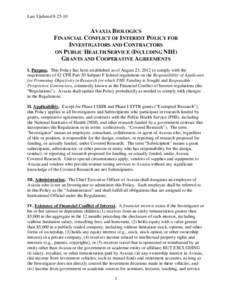 Last UpdatedAVAXIA BIOLOGICS FINANCIAL CONFLICT OF INTEREST POLICY FOR INVESTIGATORS AND CONTRACTORS ON PUBLIC HEALTH SERVICE (INCLUDING NIH)