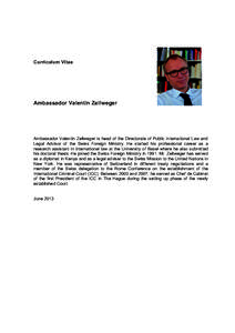 Curriculum Vitae  Ambassador Valentin Zellweger Ambassador Valentin Zellweger is head of the Directorate of Public International Law and Legal Advisor of the Swiss Foreign Ministry. He started his professional career as 