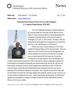 Statement from Director Kevin Gover on the Passing of U.S. Senator Daniel Inouye, 1924–2012