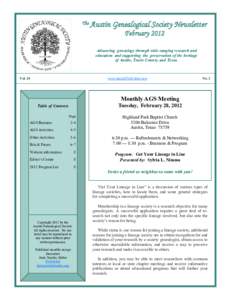 The Austin  Genealogical Society Newsletter FebruaryAdvancing genealogy through wide-ranging research and