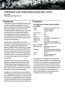 C o m pa r i s o n o f a U P L C M e t h o d a c r o s s Mult i p l e U HP L C S ys t e m s Tanya Jenkins Waters Corporation, Milford, MA, U.S. INT RODUC T ION In 2004, Waters introduced the ACQUITY UPLC® System. Since