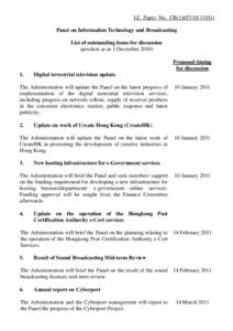 LC Paper No. CB[removed]Panel on Information Technology and Broadcasting List of outstanding items for discussion (position as at 3 December[removed]Proposed timing for discussion