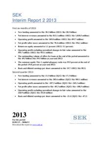 SEK Interim ReportFirst six months of 2013   New lending amounted to Skr 38.1 billion (1H12: Skr 28.5 billion)