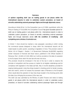 Summary of opinion regarding draft Law on trading goods in set places within the international airports in order to undertake custom procedure, on board of aircrafts undertaking external passenger flights and through dip