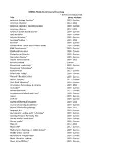 MBAEA Media Center Journal Inventory * denotes routed journals Title Dates Available American Biology Teacher* [removed]Current