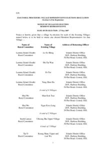 G.N. ELECTORAL PROCEDURE (VILLAGE REPRESENTATIVE ELECTION) REGULATION (Section 6 of the Regulation) NOTICE OF VILLAGE BY-ELECTION RESIDENT REPRESENTATIVE DATE OF BY-ELECTION : 27 May 2007