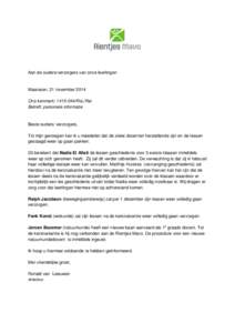 Aan de ouders/verzorgers van onze leerlingen  Maarssen, 21 november 2014 Ons kenmerk: RvL/Rei Betreft: personele informatie