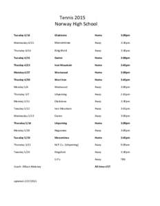  	
  	
  	
  Tennis	
  2015 Norway	
  High	
  School Tuesday	
  4/14 Gladstone