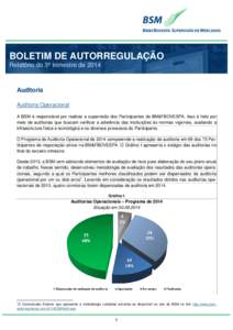 BOLETIM DE AUTORREGULAÇÃO Relatório do 3º trimestre de 2014 Auditoria Auditoria Operacional A BSM é responsável por realizar a supervisão dos Participantes da BM&FBOVESPA. Isso é feito por