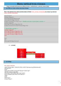 Menu vertical trois niveaux http://exemple.dechavanne.eu/Menus/menu_vertical/menu_vertical_niveau3.php 1. Les CSS et un menu vertical avec deux niveaux Pour cela ajoutons les codes suivants dans le fichier menu_vertical_