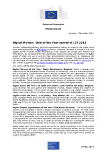 EUROPEAN COMMISSION  PRESS RELEASE Brussels, 7 November[removed]Digital Woman, Girls of the Year named at ICT 2013