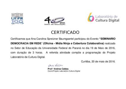 CERTIFICADO Certificamos que Ana Carolina Spreizner Baumgaertel participou do Evento “SEMINARIO DEMOCRACIA EM REDE” (Oficina - Mídia Ninja e Cobertura Colaborativa) realizado no Setor de Educação da Universidade F