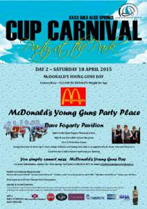 DAY 2 ~ SATURDAY 18 APRIL 2015 McDONALD’S YOUNG GUNS DAY Feature Race ~ $21,000 Mc DONALD’S Weight for Age McDonald’s Young Guns Party Place Dave Fogarty Pavilion