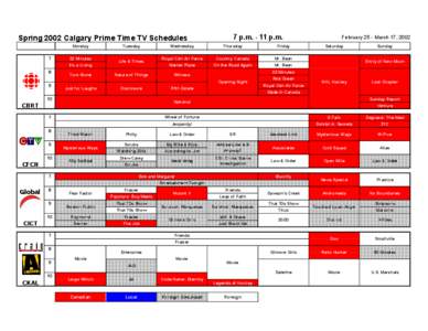 Spring 2002 Calgary Prime Time TV Schedules Monday