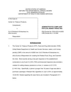 Administrative Complaint For Civil Money Penalties FDA Docket No. FDA-2015-H-# CRD Docket No. C-15-#