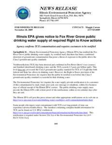 NEWS RELEASE  Illinois Environmental Protection Agency 1021 North Grand Avenue East, P.O. Box[removed]Springfield, Illinois[removed]Phone: [removed]