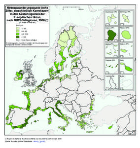 Nettozuwanderungsquote (rohe Ziffer, einschließlich Korrekturen) in den Küstenregionen der Europäischen Union, nach NUTS-3-Regionen, 2008 (¹)