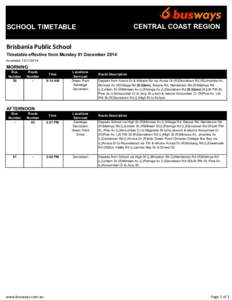 CENTRAL COAST REGION  SCHOOL TIMETABLE Brisbania Public School Timetable effective from Monday 01 December 2014 Amended[removed]