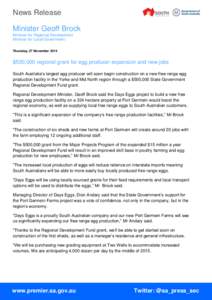 News Release Minister Geoff Brock Minister for Regional Development Minister for Local Government Thursday, 27 November 2014