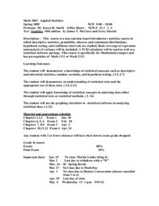 Math 3063 Applied Statistics Spring 2009 M,W 9:00 – 10:00 Professor Dr. Karen H. Smith Office Hours M,W,F[removed]Text Statistics 10th edition by James T. McClave and Terry Sincich Description : This course is a non-