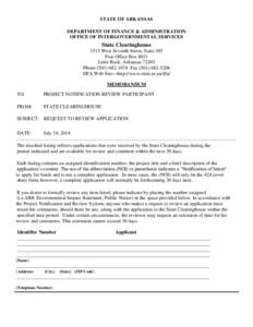 STATE OF ARKANSAS DEPARTMENT OF FINANCE & ADMINISTRATION OFFICE OF INTERGOVERNMENTAL SERVICES State Clearinghouse 1515 West Seventh Street, Suite 305
