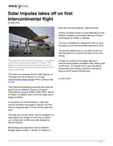 Solar Impulse takes off on first intercontinental flight