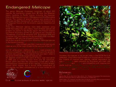 Endangered Melicope The genus Melicope (Rutaceae) comprises of about 230 species. Its distribution ranges from SE Asia, the Malesian region, Australia, to Pacific islands, including the Hawaiian Islands. Melicope also oc
