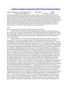 Southern Campaigns American Revolution Pension Statements & Rosters Pension application of Leonard Miles W1453 Transcribed by Will Graves Mary Miles