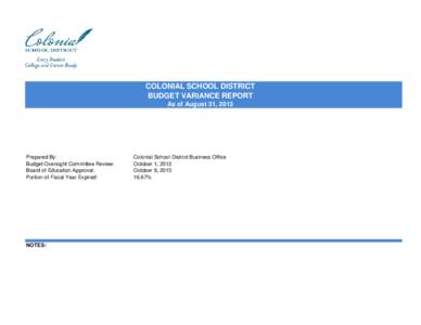 COLONIAL SCHOOL DISTRICT BUDGET VARIANCE REPORT As of August 31, 2013 Prepared By: Budget Oversight Committee Review: