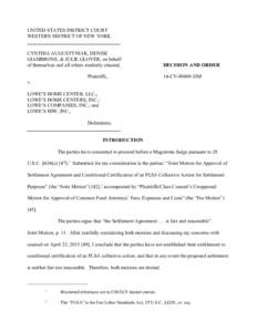 UNITED STATES DISTRICT COURT WESTERN DISTRICT OF NEW YORK CYNTHIA AUGUSTYNIAK, DENISE GIAMBRONE, & JULIE GLOVER, on behalf of themselves and all others similarly situated,