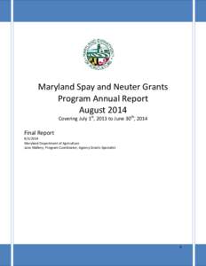 Maryland Spay and Neuter Grants Program Annual Report-August 2014