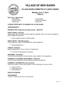 VILLAGE OF NEW BADEN VILLAGE BOARD COMMITTEE-AT-LARGE AGENDA Monday, June 17, 2013 7:00 p.m. ROLL CALL: Mayor Picard Trustee Malina