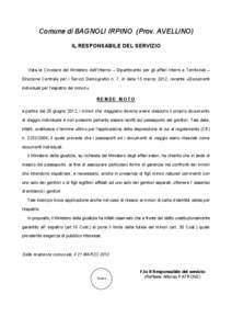 Comune di BAGNOLI IRPINO (Prov. AVELLINO) IL RESPONSABILE DEL SERVIZIO Vista la Circolare del Ministero dell’Interno – Dipartimento per gli affari Interni e Territoriali – Direzione Centrale per i Servizi Demografi