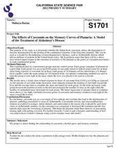 CALIFORNIA STATE SCIENCE FAIR 2012 PROJECT SUMMARY Name(s)  Mahuya Barua