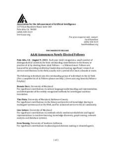 Association for the Advancement of Artificial Intelligence  2275 East Bayshore Road, Suite 160  Palo Alto, CA  94303  (650) 328‐3123  www.aaai.org 