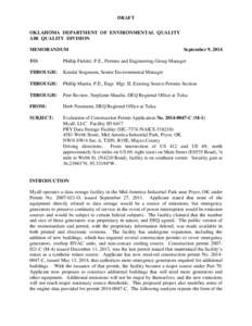 DRAFT OKLAHOMA DEPARTMENT OF ENVIRONMENTAL QUALITY AIR QUALITY DIVISION MEMORANDUM  September 9, 2014